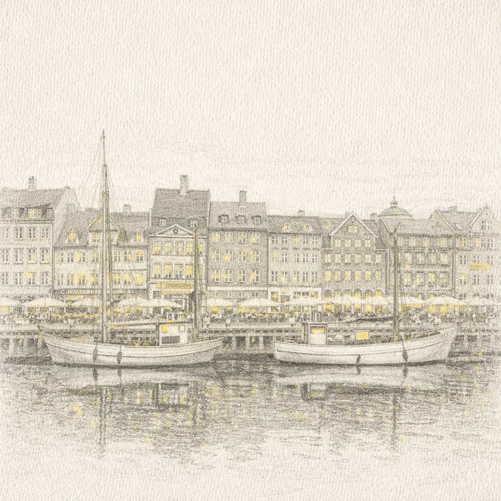 Illustrated Copenhagen waterfront scene