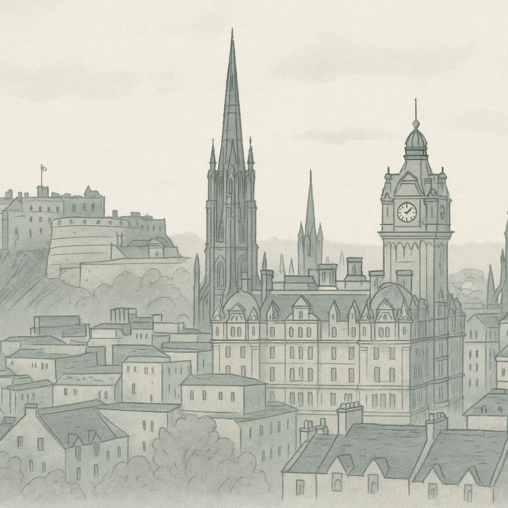 Illustration of Edinburgh skyline in warm light