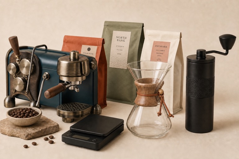 Layered coffee bags, a compact espresso machine, a glass pour-over brewer, a grinder and a coffee scale