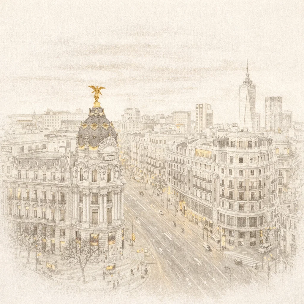 Madrid city rooftops at sunset