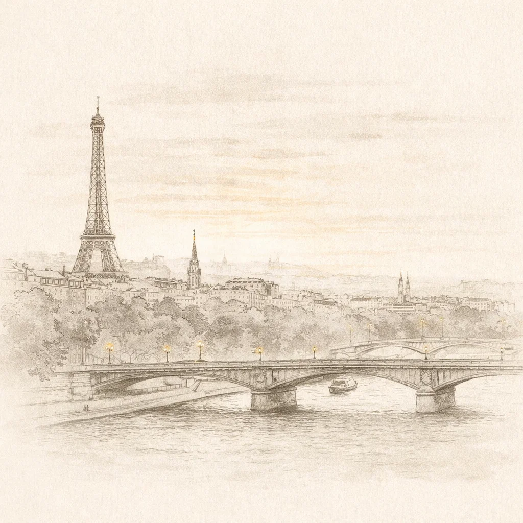 Paris street scene with classic architecture and cafe tables