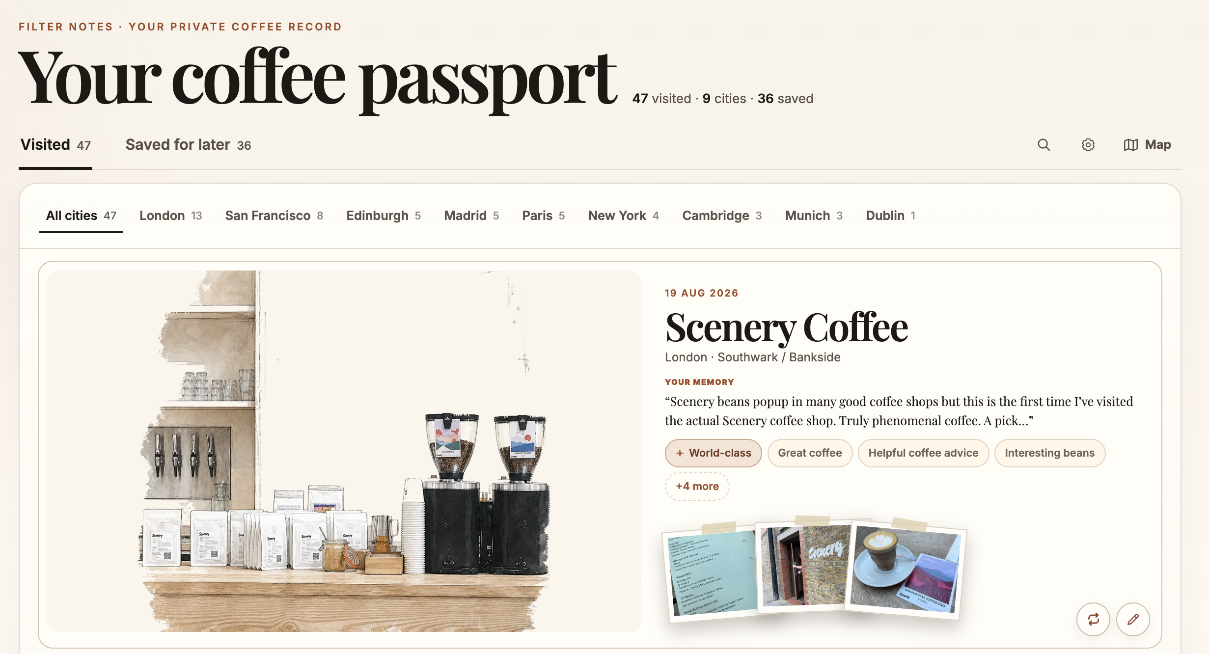 Example coffee passport: a Scenery Coffee visit with a personal memory, World-class rating and visit photos.