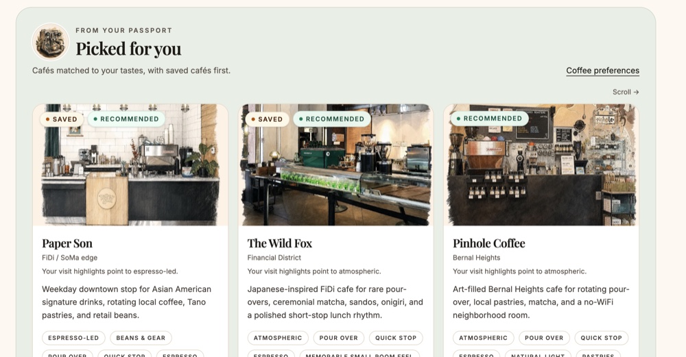 Recommendation snapshot: Paper Son, The Wild Fox and Pinhole Coffee, with saved and recommended badges.