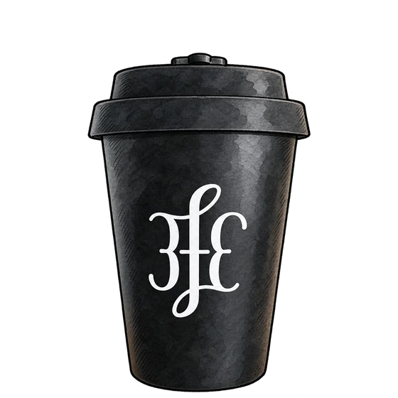 Ink and watercolour illustration of 3fe’s black reusable cup with a white monogram and black lid