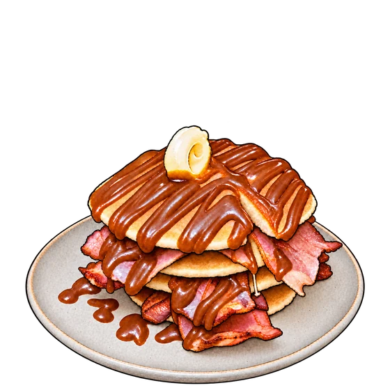 Illustration of 7g's pancake stack with bacon, brown sauce and curled butter on a grey plate