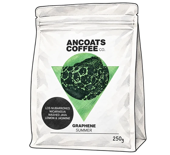 Ancoats Coffee Co's white Los Nubarrones bag with green geometric artwork and a black circular label