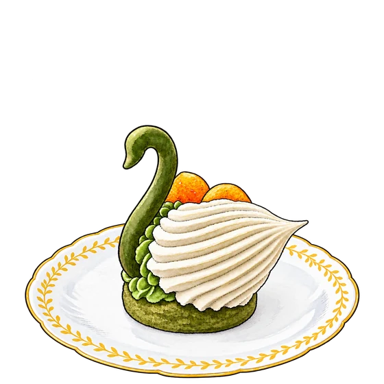 Andante's green swan-shaped pastry with white piped wings on a gold-patterned porcelain plate