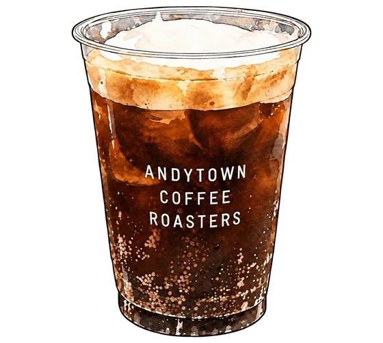 Illustration of Andytown's branded clear cup with dark iced coffee, bubbles and a creamy white topping