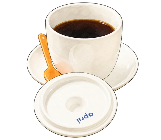 April's white handleless filter coffee cup and saucer, orange spoon, and separate lid with blue April lettering