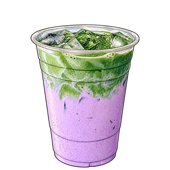 Broadsheet’s Big Blue drink with purple blueberry milk, green matcha and ice in a clear cup