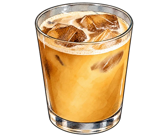 Café Avellaneda’s Alto Caramel Macario in a clear tumbler, with golden coffee, chunky ice and a pale cream ring