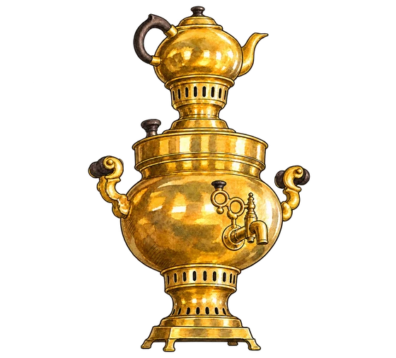 Ink and watercolour illustration of Cafe Schwarzenberg's golden brass samovar with its top teapot, curled handles and front tap
