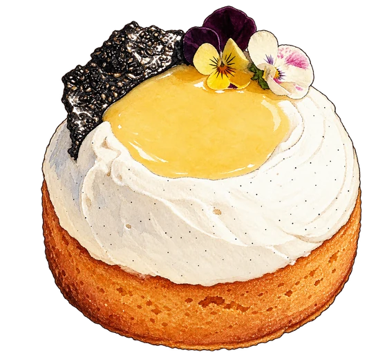 Illustration of Càphê’s golden Yuja Honey Cake with white vanilla cream, yellow yuzu curd, black sesame brittle and pansy flowers