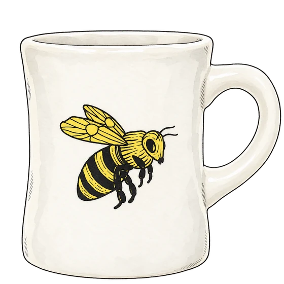 Illustration of Coava’s white diner mug with a yellow and black Meliponas bee