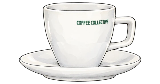 Illustration of Coffee Collective's white espresso cup and saucer with its dark-green wordmark and right-hand handle