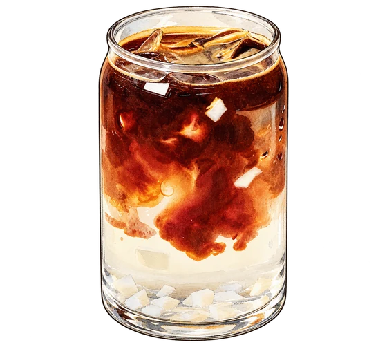 Ink and watercolour of Coconut Paradise, with dark espresso swirling through coconut juice, ice and white coconut pieces in a can-shaped glass