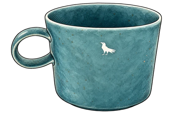 Illustration of Corvus’s smoke-blue ceramic cappuccino cup with a white raven emblem and rounded handle