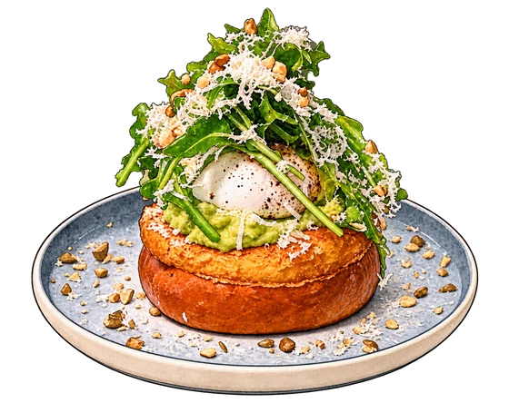 Pineapple bun topped with guacamole, a poached egg and arugula on a blue-grey plate at Cupping Room’s September 2026 Central takeover