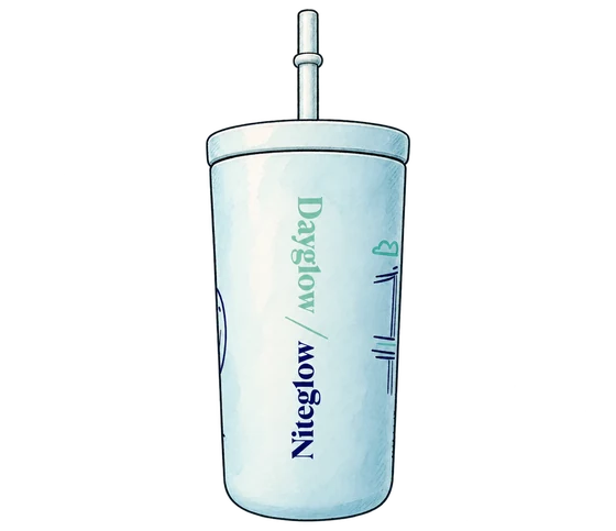 Illustration of Dayglow’s pale blue cold cup with a straw and opposed mint Dayglow and navy Niteglow lettering