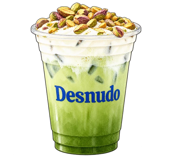 Illustration of Desnudo’s green iced matcha in a blue-lettered cup, topped with white mascarpone cream and pistachios