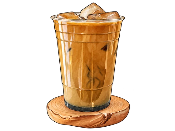 Illustration of DUA DC's iced Oat Pandan Cold Brew in a ribbed glass on a wood-slice coaster