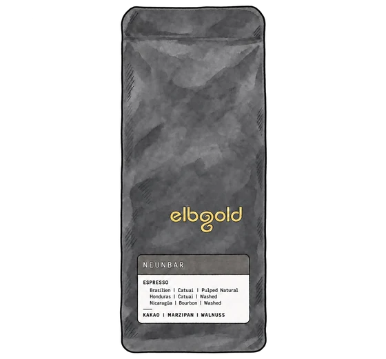 Illustration of Elbgold's tall charcoal-grey Neunbar espresso bag with a gold wordmark and white label