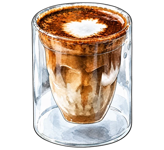 Layered coffee with a white foam centre in Factory Coffee's sculpted double-wall glass