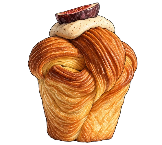 Illustration of Faro’s golden folded Ultimo pastry topped with pecan cream and a slice of fig