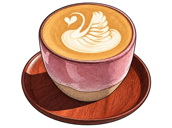 Illustration of swan latte art in Flux's pink handmade cup on a wooden saucer