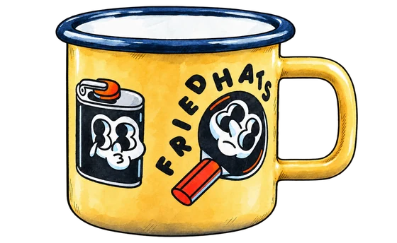Illustration of Friedhats' apricot-yellow enamel mug with a navy rim, curved branding and can-and-portafilter mascots