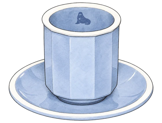 Fritz's pale blue faceted cup and saucer with white rims and a seal emblem inside