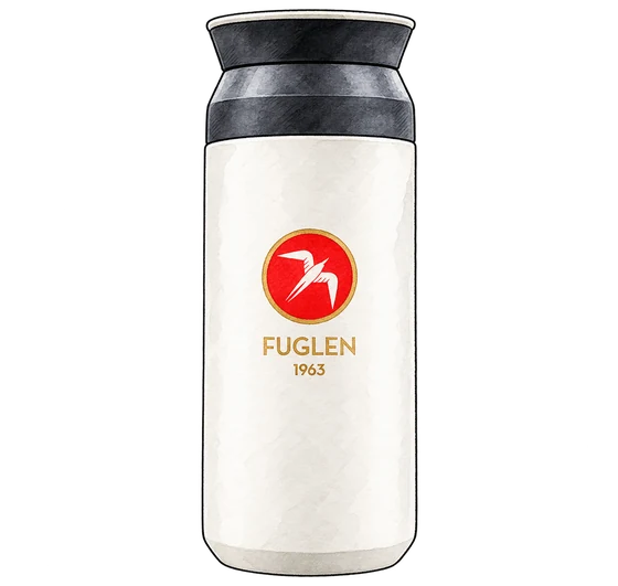 Illustration of Fuglen’s white travel tumbler with a black lid, red bird emblem and gold FUGLEN 1963 lettering
