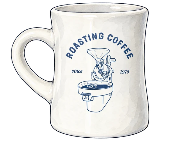 Illustration of George Howell’s white diner mug with blue Roasting Coffee lettering and a coffee-roaster drawing