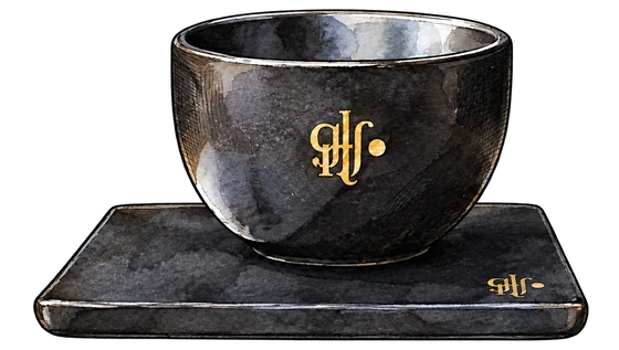 Glitch's rounded black espresso cup and rectangular saucer with gold monograms
