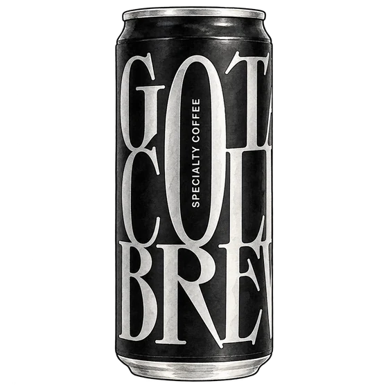 Illustration of GOTA’s black cold-brew can with oversized silver lettering and silver rims