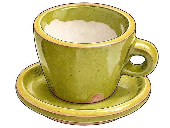 Olive-green Martina Thornhill espresso cup and saucer with crackled glaze, cream interior and a rounded handle