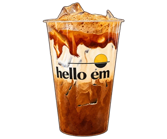 Illustration of Hello Em's layered iced Maggi coffee in a clear cup with black lettering and a yellow sun logo