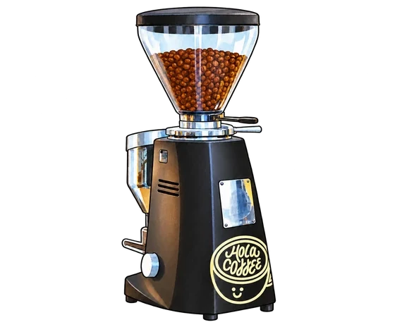 Illustration of Hola's black coffee grinder with a bean-filled hopper and cream Hola Coffee cup-face logo