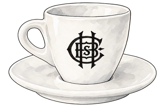 White Ancap cup and saucer with Holy Cross's black interlocking monogram and a left handle