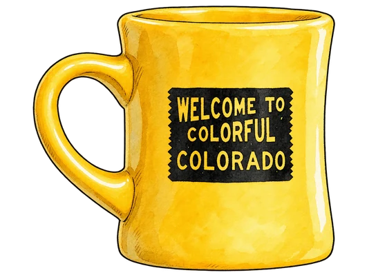 Illustration of Huckleberry’s yellow ceramic mug with a black Welcome to Colorful Colorado sign and a left loop handle