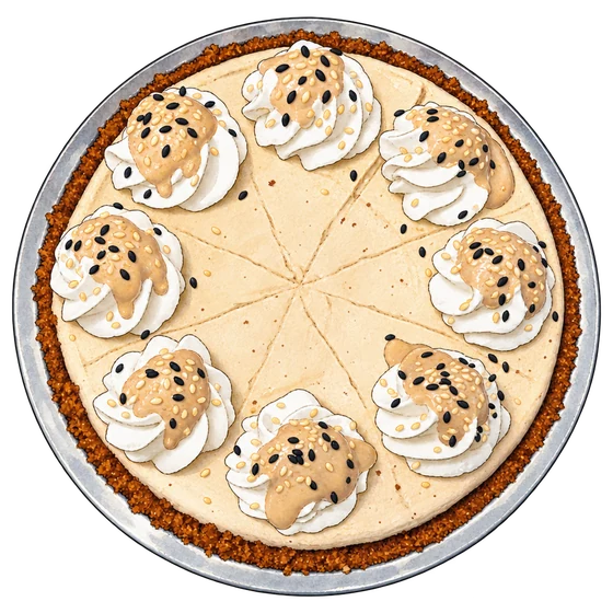Idle Hands' cardamom tahini pumpkin pie with white piped rosettes, tan tahini and black and white sesame seeds