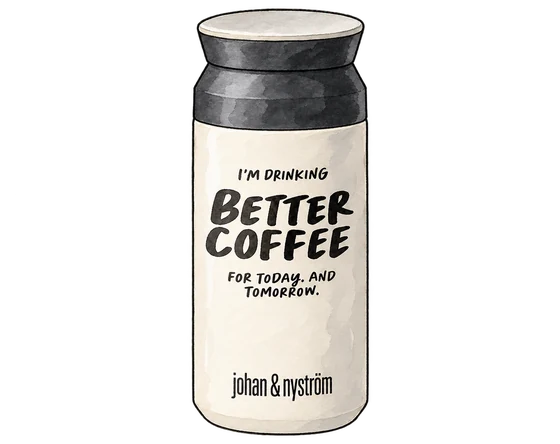 Cream Johan & Nyström tumbler with a black lid, Better Coffee lettering and the brand wordmark