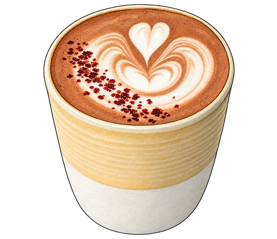 Illustration of Kaffa’s chili mocha in a pale yellow ribbed cup with a white base, heart-shaped milk foam and red chili flakes