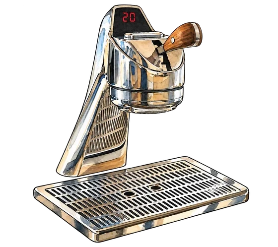 Illustration of Klover's chrome under-counter espresso machine with a wooden handle, red digital display and separate slotted drip tray
