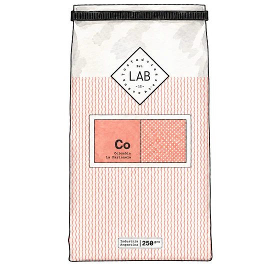 LAB La Marianela coffee package with a black closure, diamond logo and salmon-pink patterned label