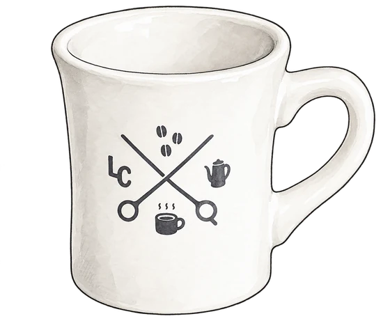 Illustration of LiLo’s white porcelain mug with its dark crossed-scissors, coffee beans, kettle and cup emblem