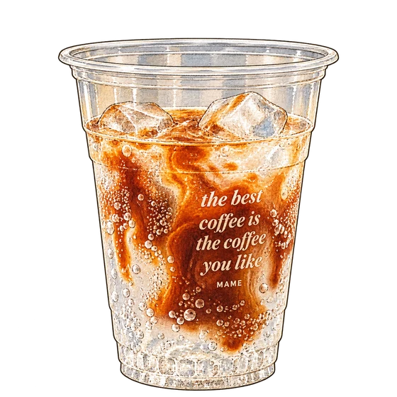 Illustration of espresso tonic and ice in MAME’s clear cup with its white house slogan