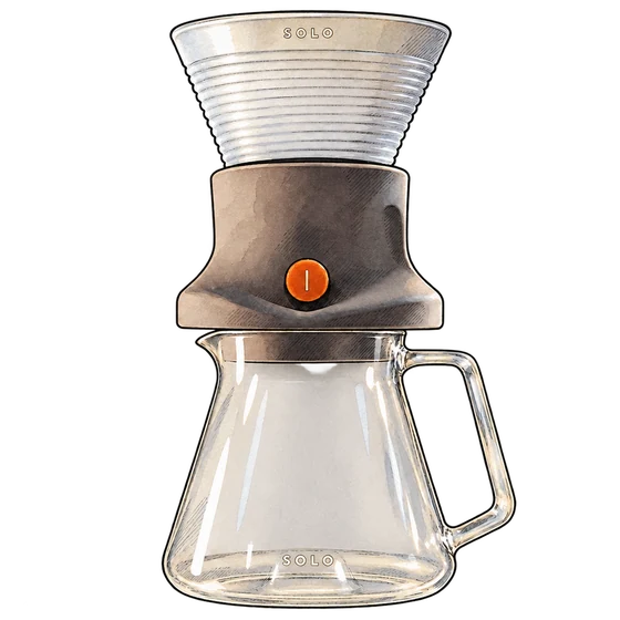 Illustration of Mazelab’s SOLO SPIN brewer with a ribbed translucent dripper, taupe valve base, orange dial and clear glass carafe