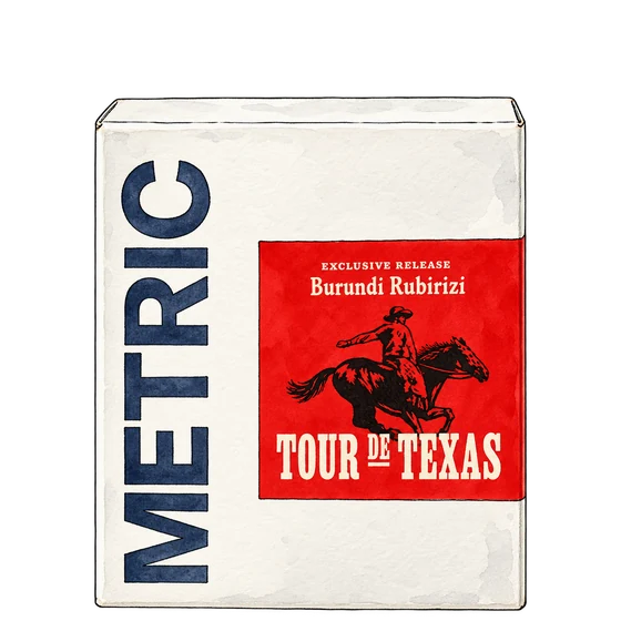 Illustration of Metric’s white coffee box with vertical navy branding and a red Tour de Texas horse-and-rider label