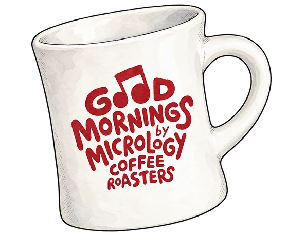Micrology’s white diner mug with burgundy Good Mornings lettering and musical notes